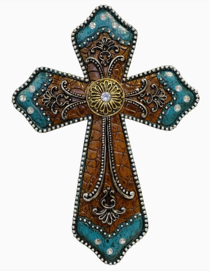 Leather Ornate Turquoise/Gold/Flower Wall Cross