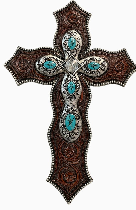 Turquoise & Silver Trim Wall Cross