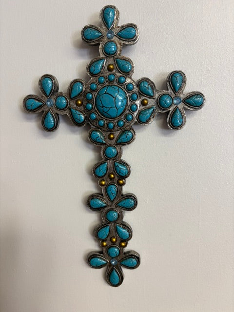 Ornate Silver & Turquoise Pendant Wall Cross
