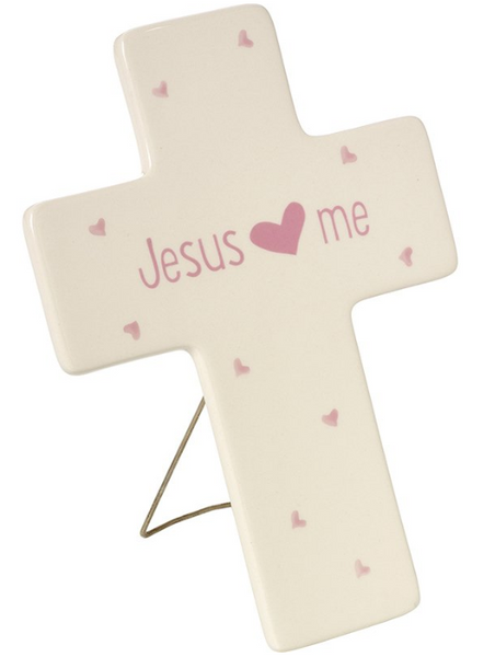 JESUS LOVES ME CROSS GIRL IVORY W/PINK HEARTS CERAMIC