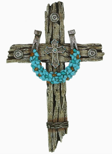 Turquoise Horseshoe on Driftwood Wall Cross