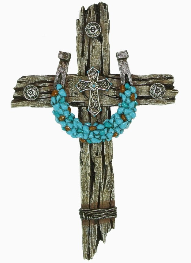 Turquoise Horseshoe on Driftwood Wall Cross