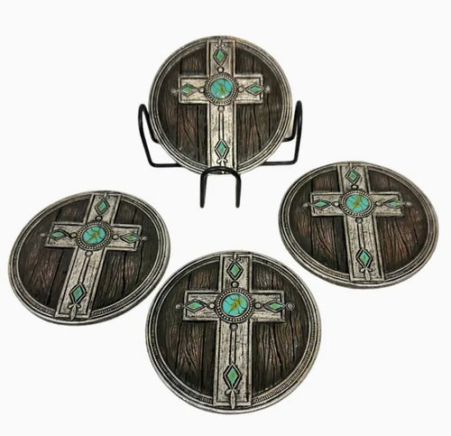Western Cross Coaster Set with Stand