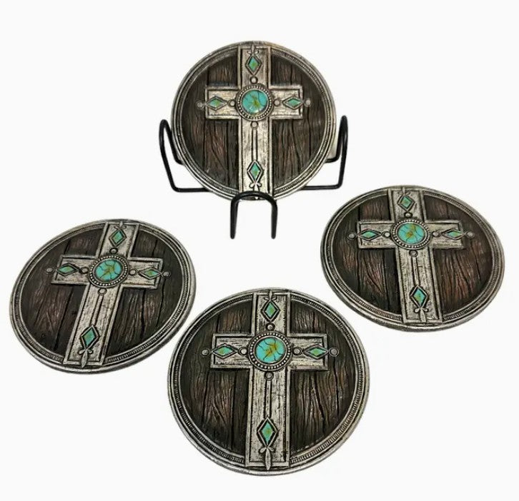Western Cross Coaster Set with Stand